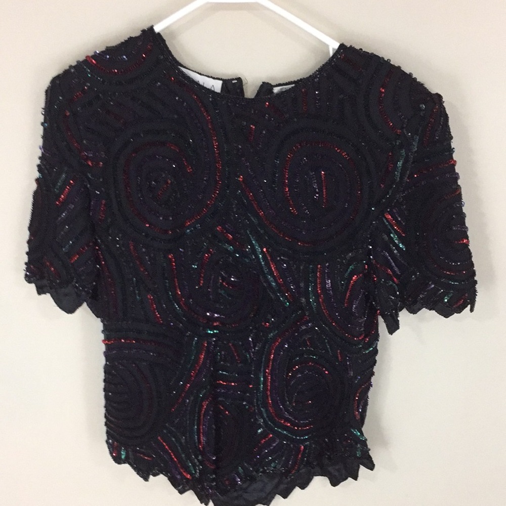 Vintage Scala Black Sequin Silk Top Size Large
